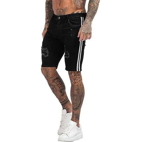 GINGTTO Men's Denim Shorts Slim Fit Stretch Ripped Short Jeans