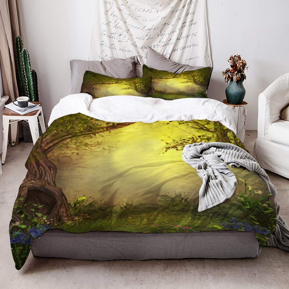 ZOMOY Duvet Cover Set, Mystic Forest Tree Enchanted Forest Fantasy Nature Landscape with Flower Green Jungle, Decorative 3 Piece Bedding Set with 2 Pillow Shams