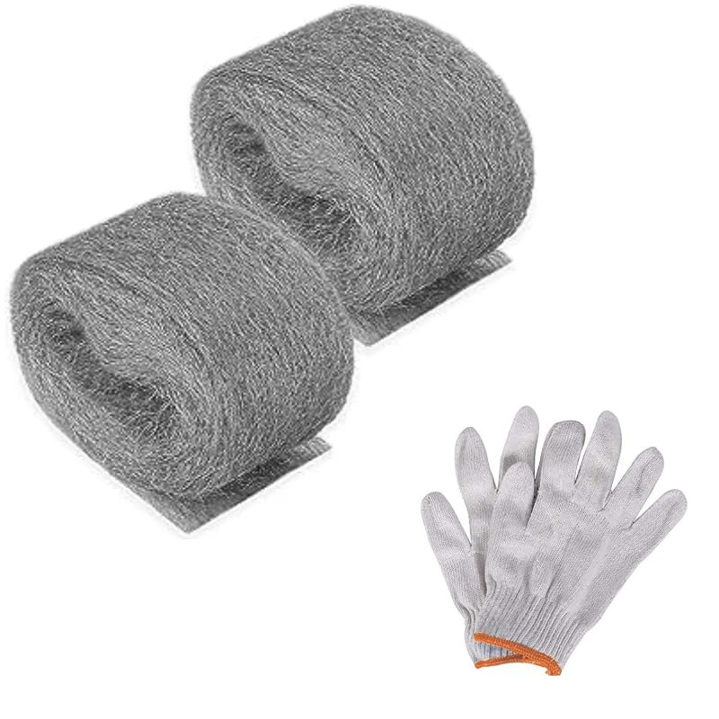 2 Pack Steel Wool Mice - 0000 Rodent Control Gaps Blocker Stainless Coarse Wire Wool Fill Fabric DIY Kit, Easy to Use Stop Rats and Mice Insect Pest, Includes Work Gloves.(3m/roll) (2 Pack)