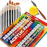Complete Acrylic Paint Set – 24х Rich Pigment Colors – 12x Art Brushes with Bonus Paint Art Knife & Sponge – for Painting Canvas, Clay, Ceramic & Crafts, Non-Toxic & Quick Dry – for Kids & Adults
