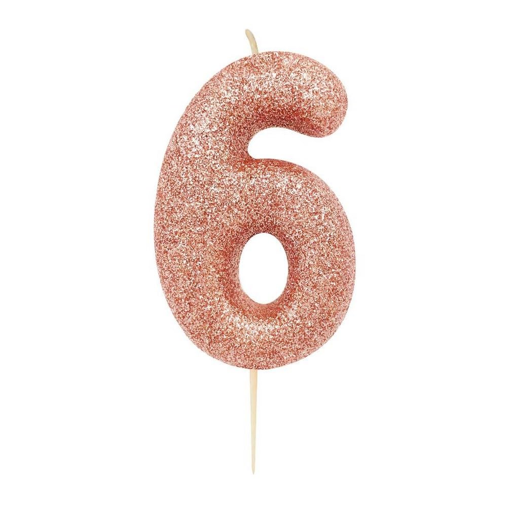 Anniversary House Metallic Rose Gold Glitter Candle, Number 6, 6th Birthday Cake Topper, 7 Centimeters, AHC50/6