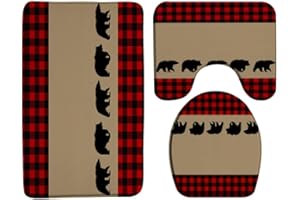 ZKJSMGS Black Bear Plaid 3 Piece Bath Rug Sets,Rustic Red Black Buffalo Check Cabin Wildlife Bear Vintage Farmhouse Brown 16"x24"Bath Mat,Toilet Seat Cover, U-Shaped Toilet