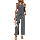 Ficerd Women's 2 Piece Outfits, Sleeveless Cotton Suit Vest and Wide Leg Pant Summer Business Casual Button V Neck Blazer Set(Gray,Small)