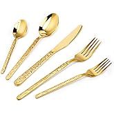 20-Piece Gold Silverware Set, Hammered 18/10 Stainless Steel Flatware Set for 4, Food-Grade Cutlery Set, Tableware Set Including Fork Knife Spoon Set,Dishwasher Safe