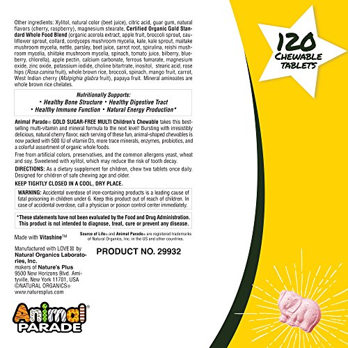Natures Plus Animal Parade Source of Life Gold Childrens Multivitamin - Cherry Flavor - 120 Chewable Animal Shaped Tablets - Organic Whole Foods, Gluten Free, D3, K2, Immune Support - 60 Servings - Thumbnail 7
