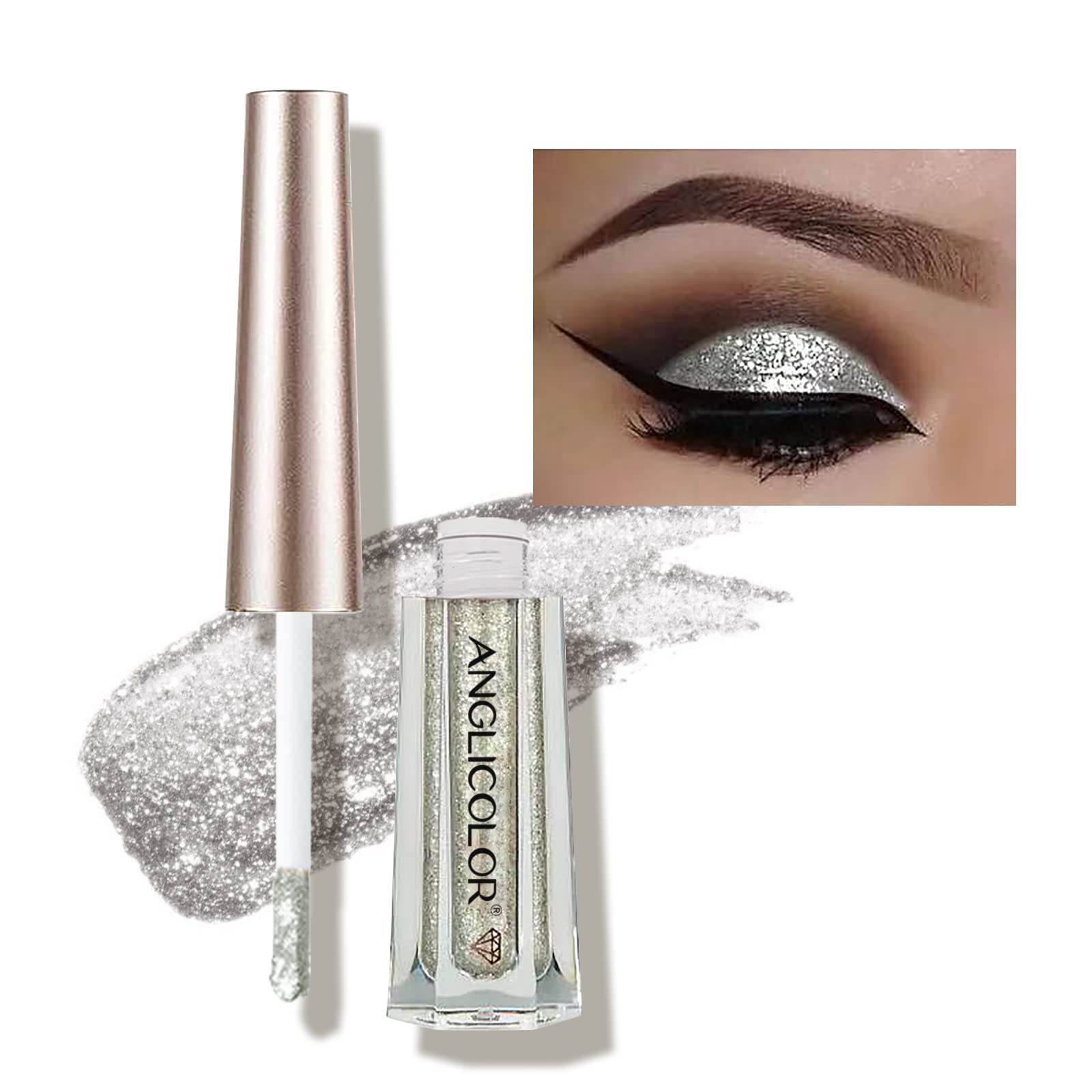 Diamond Glitter Liquid Eyeshadow & Eyeliner Pen, Starry Sequins Mermaid Eye Shadow, Crease Resistant, Long Lasting and Pigmented Sparkling & Shimmer Eyes Makeup(#07 Snowflake Silver)