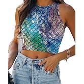 Eciodci Women's Mermaid Print Crop Tank Tops Fish Scale 3D Printed Soft Summer Sleeveless Crop Top
