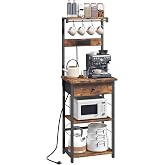 MAHANCRIS Bakers Rack with Drawer, Microwave Stand with Power Outlet, Coffee Bar Station with 4 Hooks, Kitchen Storage Shelf Rack 4 Tiers, for Kitchen, Dining Room, Rustic Brown and Black BRHR48E01