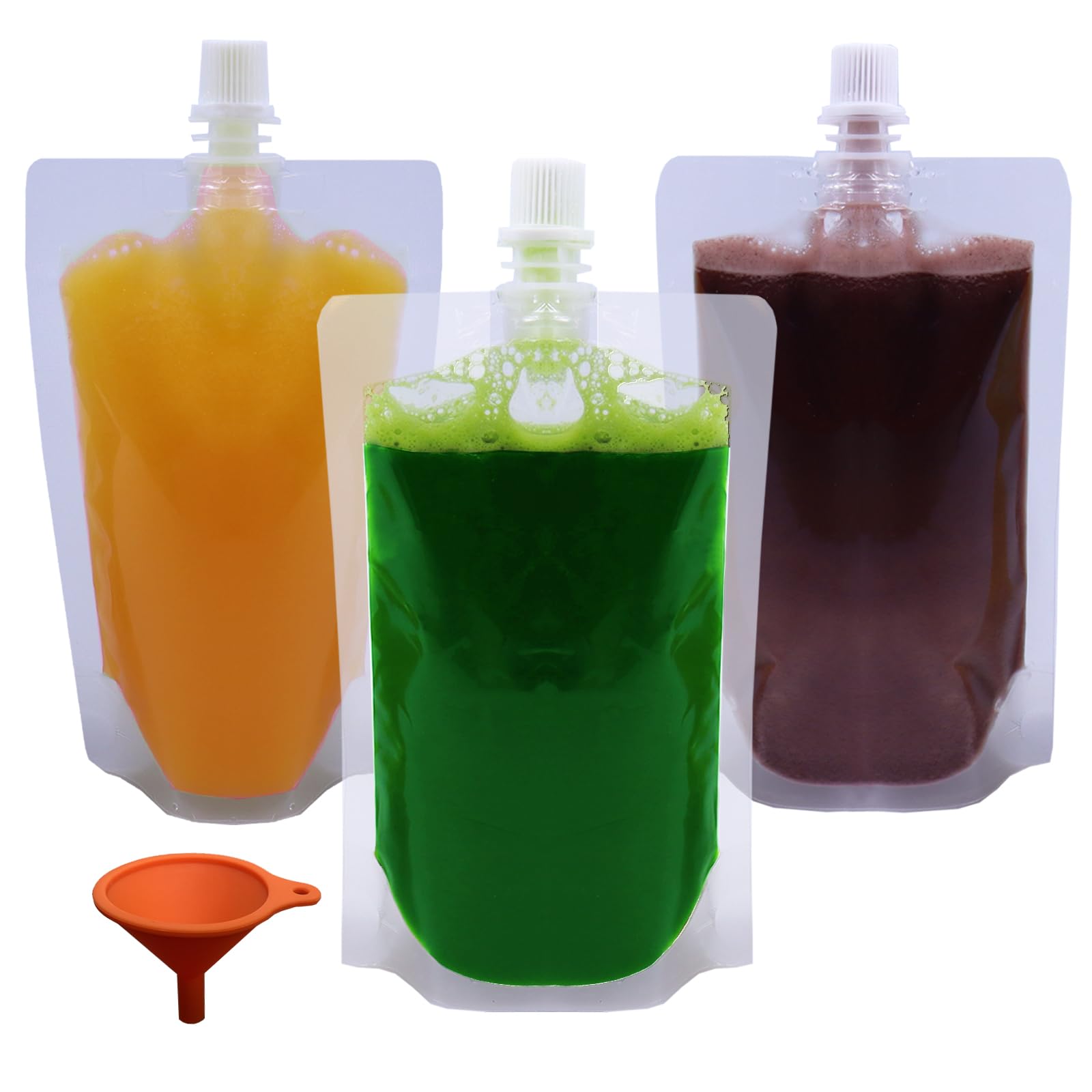 Yelinosk 20Pack Clear Drink Pouches 380ml with caps and Funnel for Festivals,Leak Proof Alcohol Juice Liquid Pouches Bags, Beverage Bags, Plastic Hip Flask for Parties, Picnic, Travel, Sports
