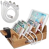 Bamboo Charging Station Organizer for Multiple Devices & Wood Desktop Docking Charging Stand Such As Cell Phone, Tablets, Pho