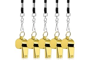 5 Packs Stainless Steel Whistle, FineGood Loud Metal Whistle with Lanyard for Referees Coaches Lifeguards Survival Emergency Football Basketball Soccer Hockey - Gold
