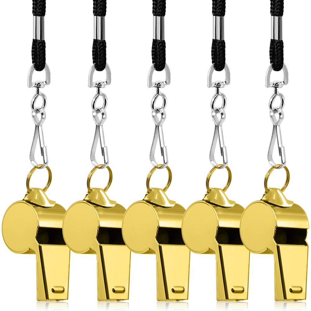 FineGood Pack of 5 Stainless Steel Whistles, Metal Emergency Warning Whistle Loud Voice for Referee Coaches Rescuers Basketball Football Hockey – Gold