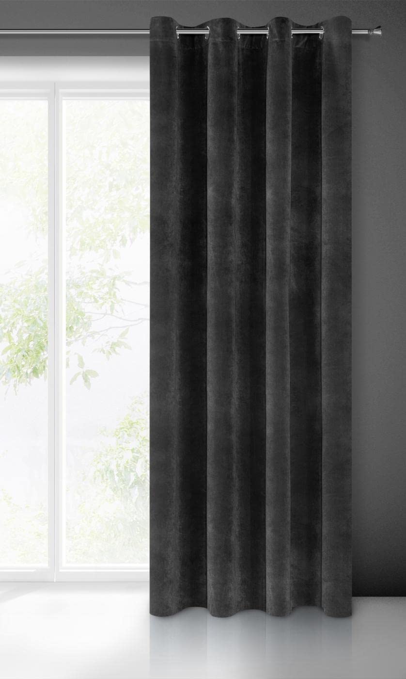 Eurofirany VILLA Soft Plain Opaque Velvet Curtain with Eyelets - 1 Unit, Fluffy Panel Drape Classic Glamour Elegant Living Room, Bedroom, 290 g/m2, W55 x L98, Black