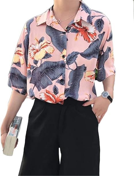 Amazon フッカツ 春夏 レディース シャツ ブラウス アロハシャツ ハワイシャツ 日焼け止め服 五分袖 半袖 花柄 薄手 ポロ襟 ゆったり ビーチ 浜辺 リゾート風 おしゃれ 通勤 学生 シャツ ブラウス 通販