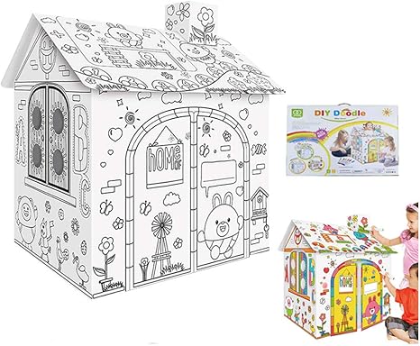 Amazon Sarada 子供段ボールプレイハウス 手作り落書きゲームハウス Diy着色絵画ゲーム 折りたたみ式塗り絵おもちゃ 誕生日プレゼントペンつき キッズ 色塗り 塗り絵 秘密基地 えんとつつき 好奇心や想像力が養えます 組み立て簡単 並行輸入品 お絵かき ホビー
