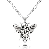 NEKOL Vintage Silver Bee Necklace for Women Men - 14K White Gold Plated Pendant, Punk Retro Simulated Insect Charm Choker, 3D Bumblebee Adjustable Chain Party Jewelry Gift
