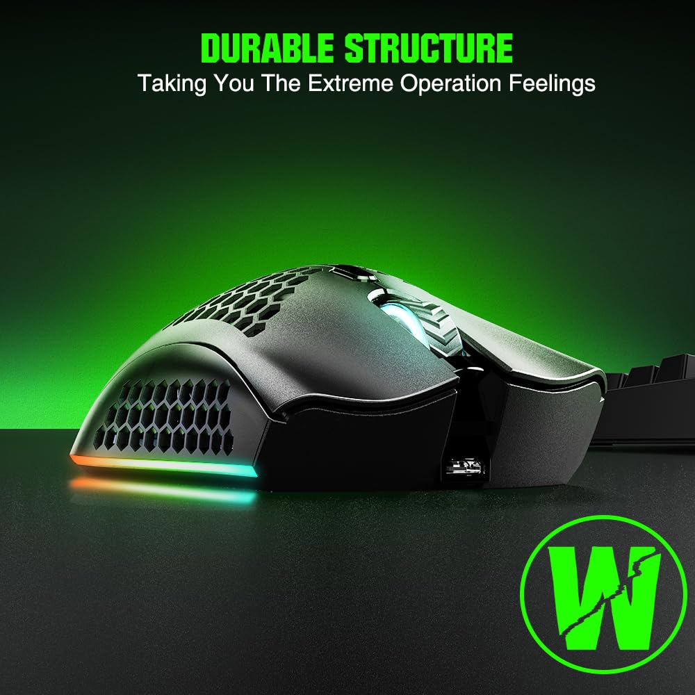 WolfLawS KM-1 Gaming Mouse, Wireless Mouse Gaming Computer Mice USB with Honeycomb Shell, 6 Programmed Buttons, 3 Adjustable DPI, Ergonomic RGB Optical Mouse - Green