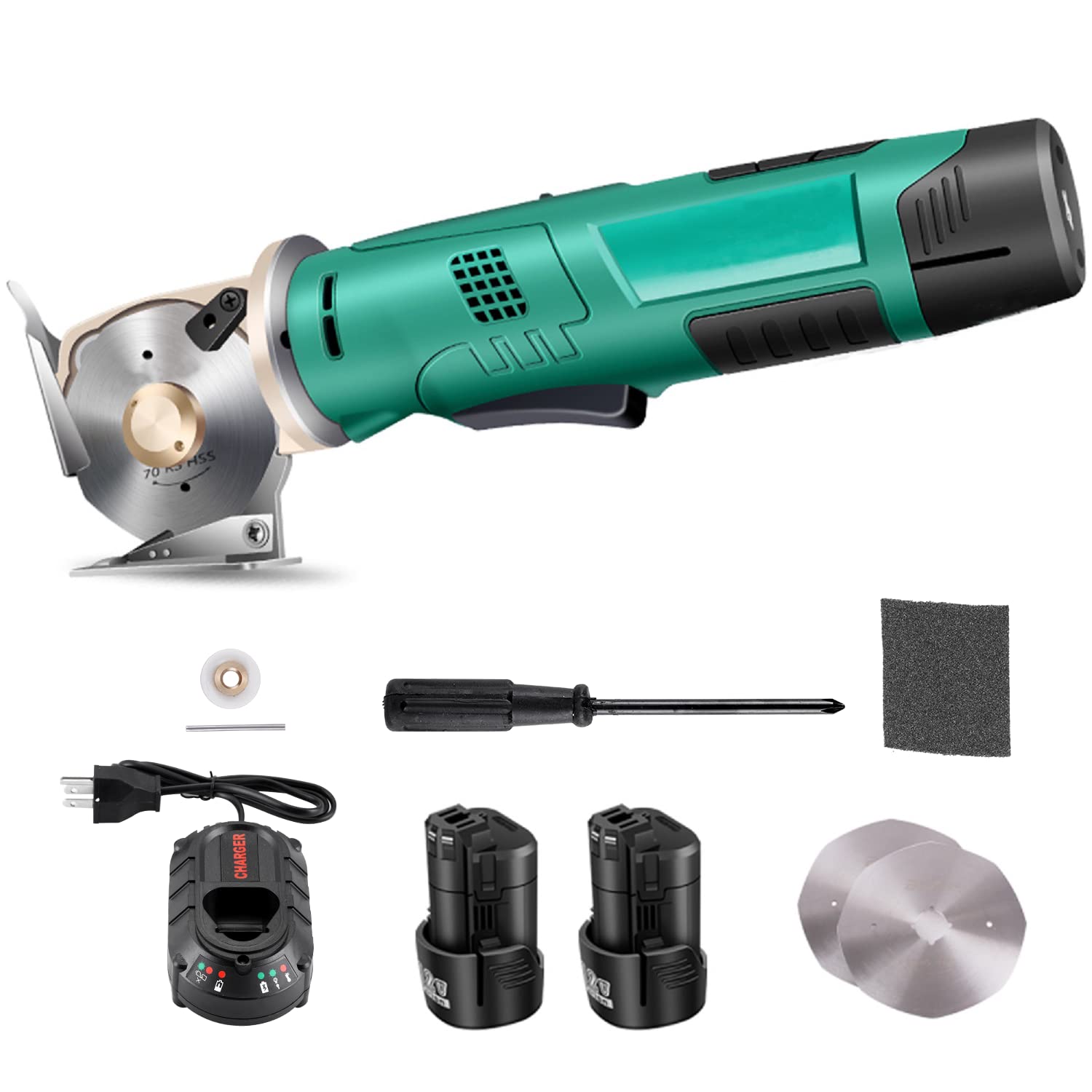 Photo 1 of MXBAOHENG Electric Rotary Cutter Cordless Electric Scissor Rechargeable Cardboard Cutter for Cloth/Paper/Carpet/Leather Cutting Thickness ?2.5cm (2 Batteries)