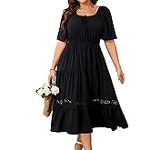 RWJ Women's Plus Size Maxi Dress Short Sleeve Square Neck Flowy A-Line Lace Trim Flutter Party Casual Off Shoulder Dresses