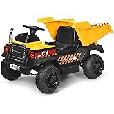 Costzon Ride on Car, 12V Ride on Dump Truck w/Remote Control, Electric Dump Bed, Music, Horn, USB, AUX, Treaded Tires, Shovel, 3 Speeds, Battery Powered Construction Vehicle, Electric Car for Kids