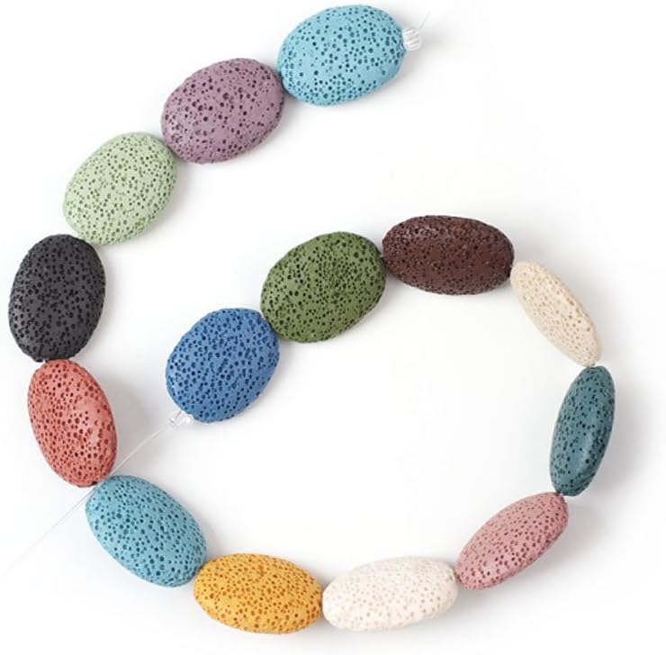 XLHMILY 26x19x7mm Mixed Color Loose Oval Lava Stone for Essential Oils Natural Healing Gemstone Volcanic Rock Beads Strand for Bracelet Necklace DIY Jewelry Making with 1 Roll Elastic String