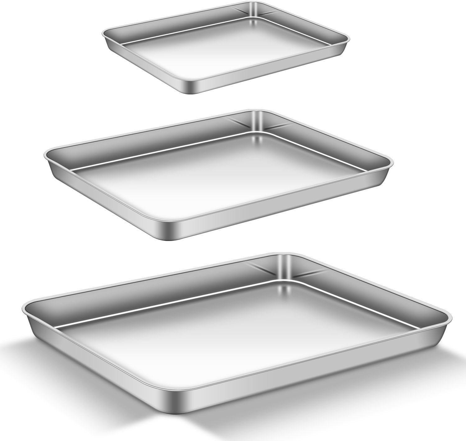 AEMIAO Baking Sheet Set of 3, Stainless Steel 18/0 Baking Pan Bakeware Cookie Sheets Toaster Oven Pan Baking Trays, Healthy & Non Toxic, Mirror Finish & Rust Free,Oven & Dishwasher Safe