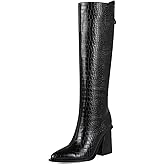 YYBYYB Black Boots for Women Knee High Tall Boots Block Chunky Heel Fall Boots Pointed Toe with Side Zip Sexy Crocodile 11