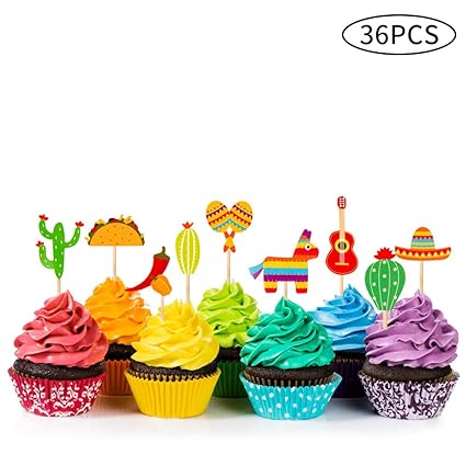 36 Pcs Fiesta Cupcake Topper Mexican Theme Cake Decoration For