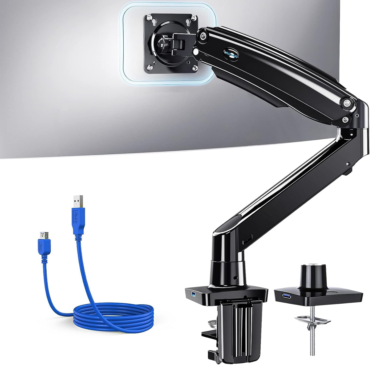 Photo 1 of HUANUO Single Monitor Arm for 13-49 inch Screens, Ultrawide Computer Monitor Mount Holds 26.48 lbs, Upgraded Adjustable Stand with USB, C-Clamp & Grommet Base, VESA 75x75 or 100x100mm