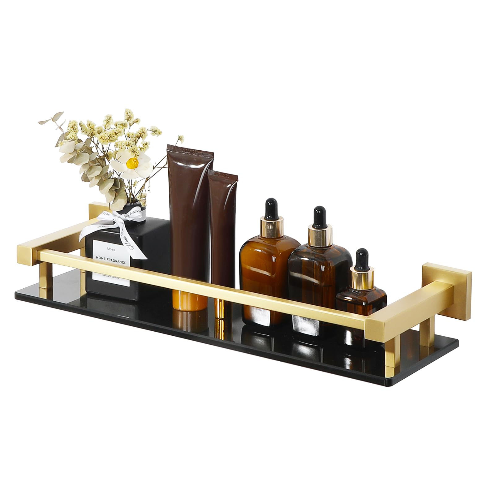 Photo 1 of Alise Bathroom Glass Shelf with Stainless Steel Railing, Gold Small Tempered Glass Floating Wall Shelf Over The Toilet, 16 inch