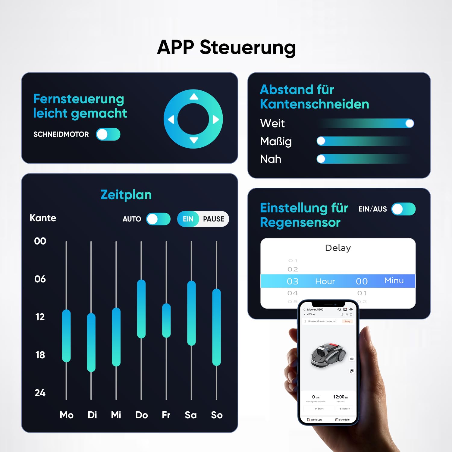Sunseeker V3 Plus Mähroboter ohne Begrenzungskabel 1000 m², Vision AI Doppel-Auge, 42% Steigung, App-Steuerung, Rasenmäher mit EIN-klick-Mähen, silbergrau 7