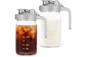AOEJARRY Creamer Pitcher Jar with Lid - 2Pack No Leak 32oz Airtight Mason Jar with Pour Spout Lid, Classic Wide Mouth Jar Easy to Clean, Ideal for Coffee, Breastmilk, Iced & Sun Tea, Juices