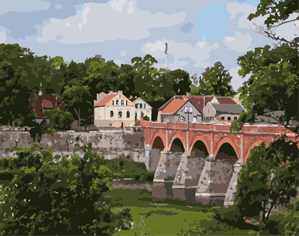 DIY Paint by Numbers for Adults Children, ABEUTY Countryside Arch Bridge 16x20 inches Number Painting Art Therapy