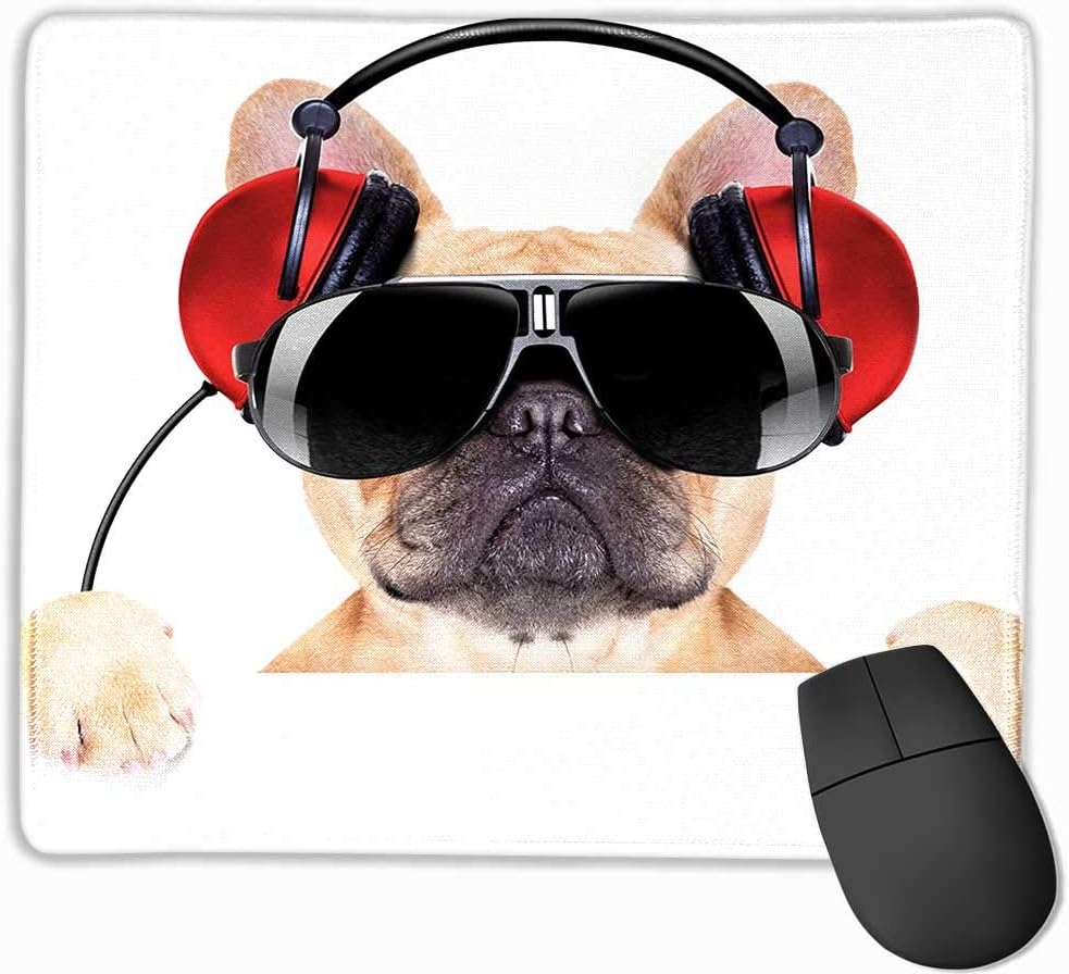 Natural Gaming Mouse Pad Popstar Party,Dj Bulldog with Headphones Listening to Music Behind White Banner,Pale Brown Black Red,9.8"x11.8" for Gaming