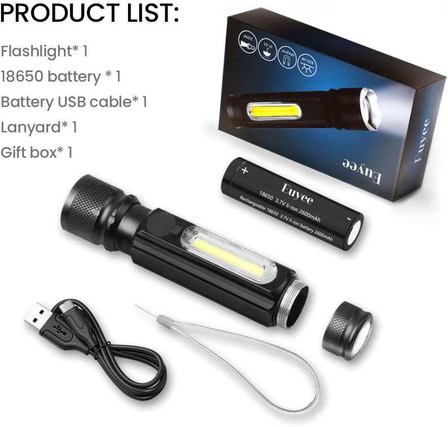 Euyee Rechargeable Flashlight High Lumen Magnetic LED Flashlight - Zoomable, 4 Modes with COB Work Light, Water Resistant, Handheld Light - for Camping, Hiking, Emergency(with 18650 Battery) - - 