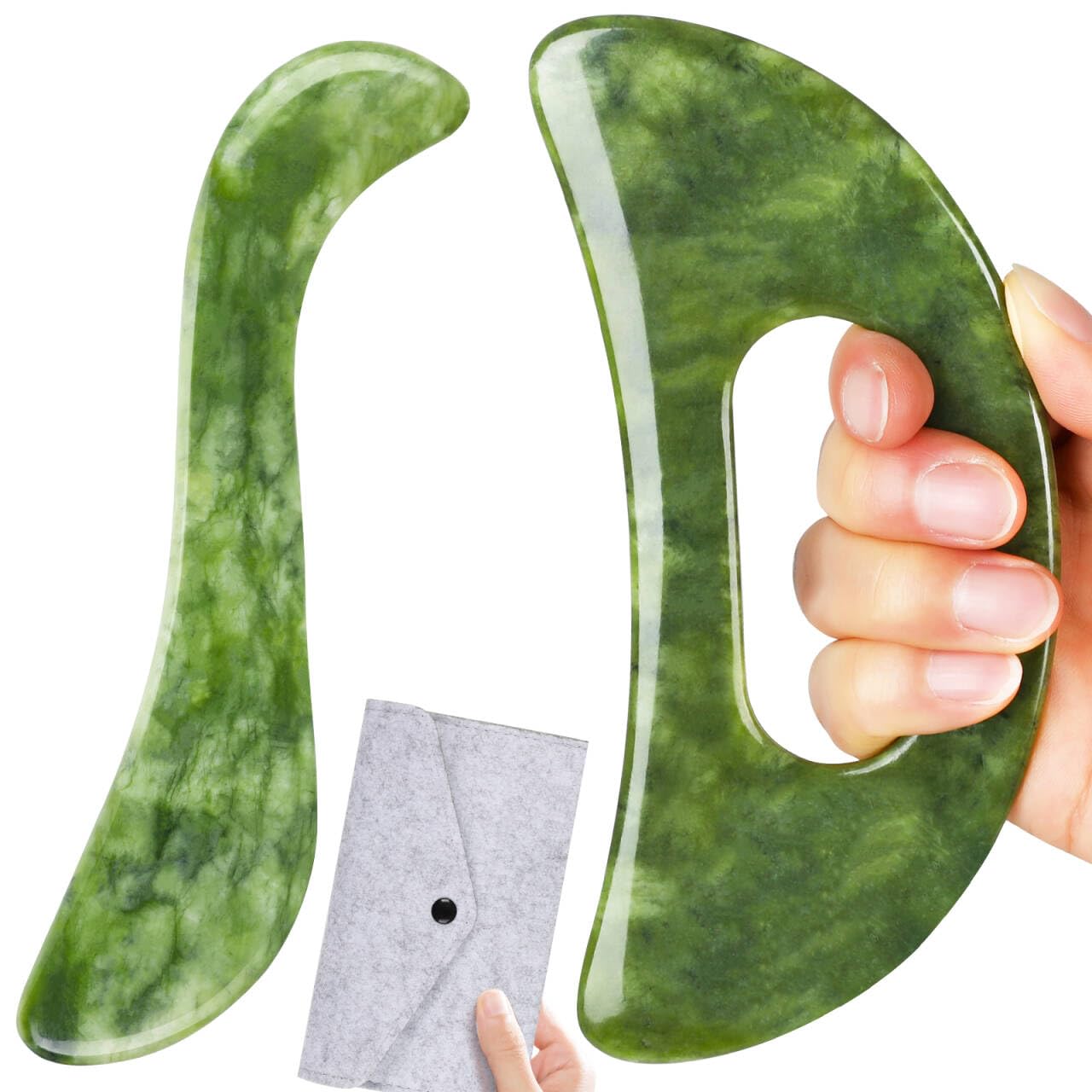 Photo 1 of 2 PCS Jade Stone Gua Sha Massage Tool, Large Guasha Muscle Scraper Tools Set with Handle Muscle Scraping Massage Tools S Shaped Anti Cellulite Spa Acupuncture Tools for Lymphatic Drainage