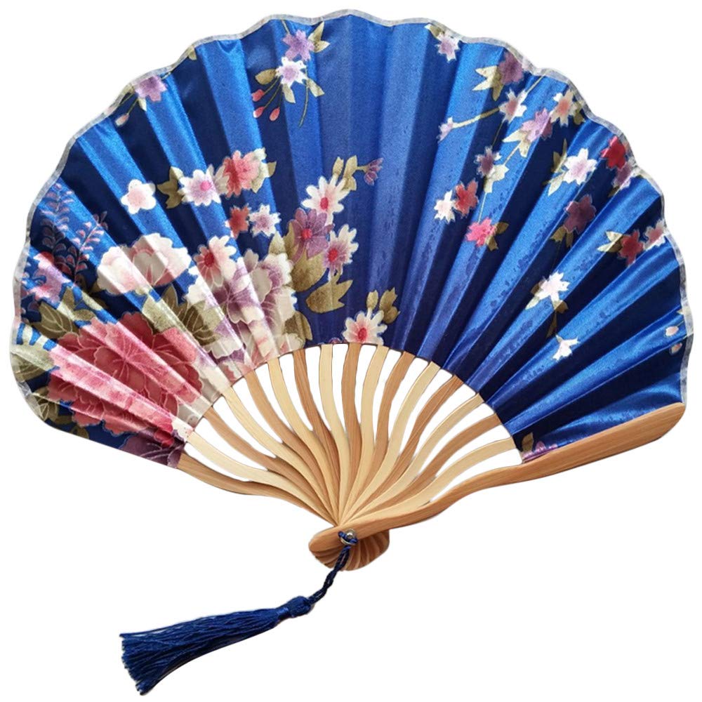 1SourceTek Silk Hand Held Folding Fans 8.27 inches (21cm) Women Hand Held Folding Fans With a Fabric Sleeve Protection for Gifts - Chinese Retro Style (Dark Blue)