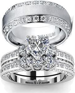 LOVERSRING His & Hers Couple Ring Set | Women's Heart CZ & Men's Titanium Band | Wedding/Anniversary Gift - View #2