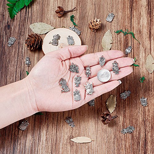Beadthoven 50pcs Tibetan Style Alloy Owl Pendants, Vintage Owl Charms for Halloween Jewelry Charms, Mixed Shapes,Hole: 1~2mm (Antique Silver)