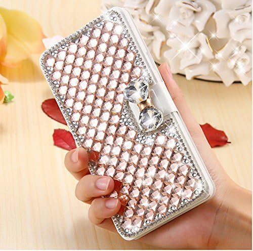 LG K10 Case, Luxury Bling Diamond Bowknot Champagne Gold Crystal White Wallet Leather Case For LG K10/LG Premier LTE L62VL L61AL K428 K430 K420 K420N (2016)