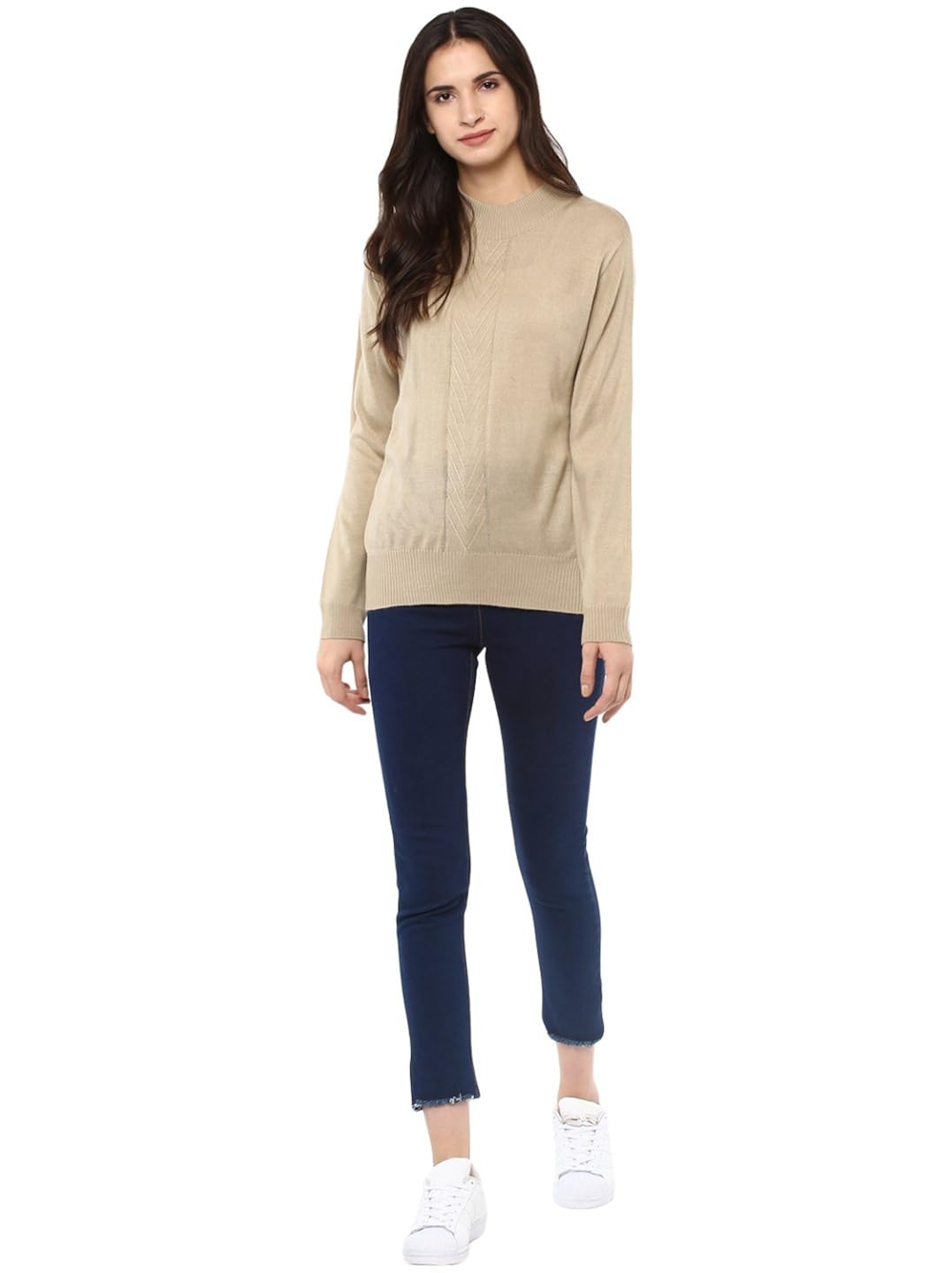 cayman women beige self design pullover sweater