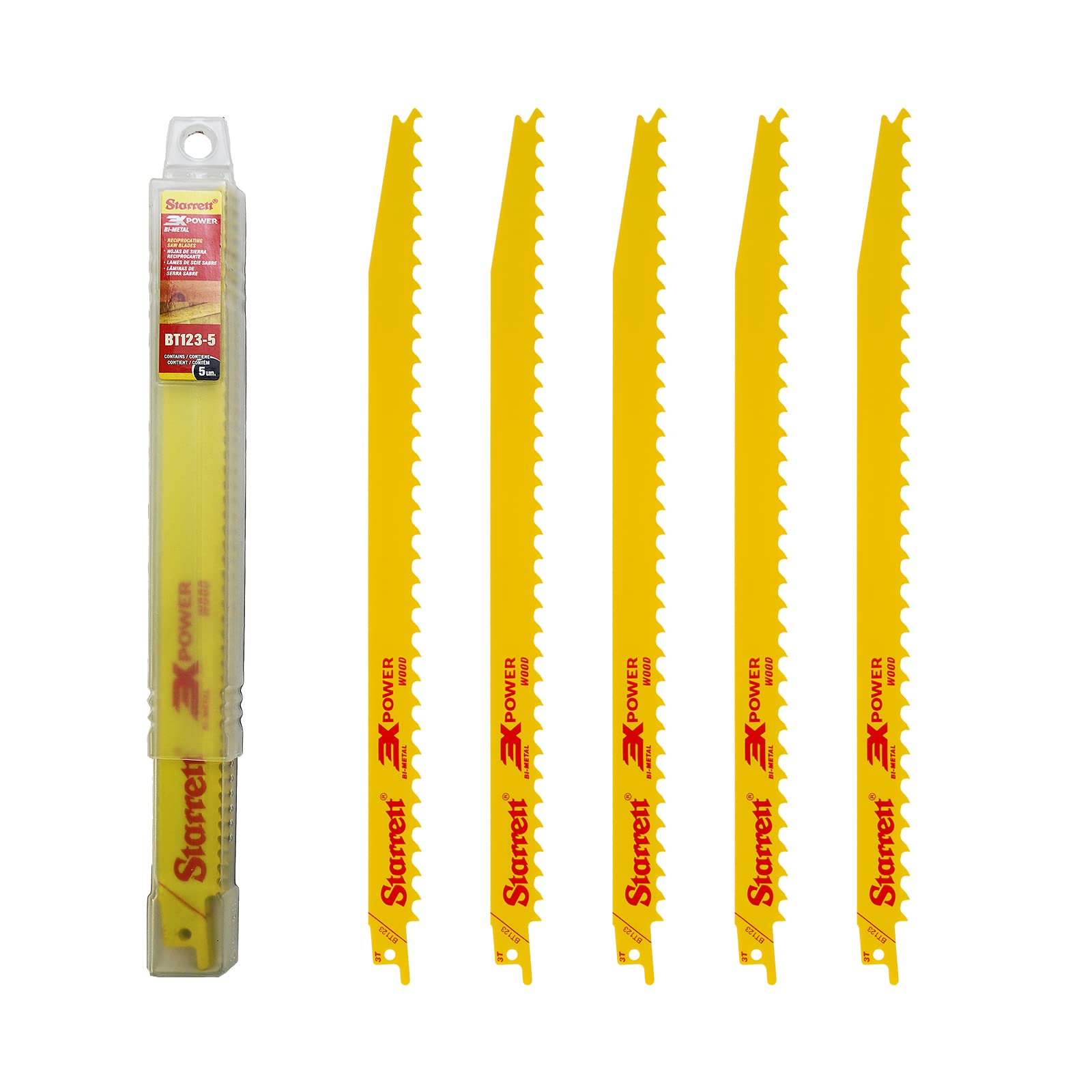 Starrett Wood Cutting Reciprocating Saw Blade - 5 Pieces BT123-5 Bi-Metal 300 mm/12" Inch 3 TPI Unified Shank - Compatible with Bosch Dewalt Makita & Many Others
