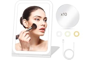 RAYOCON Rechargeable Travel Makeup Mirror with 10X Magnifying Mirror,Lighted Makeup Mirror with 72 LEDs,3 Color Lighting,Dimmable Touch Screen,Portable Vanity Mirror with Lights,Women Gift