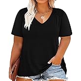 CARCOS Plus Size Tops for Women Short Sleeve Smocked V Neck Shirts Casual Summer Tunic Loose Fit Tshirts XL-5XL