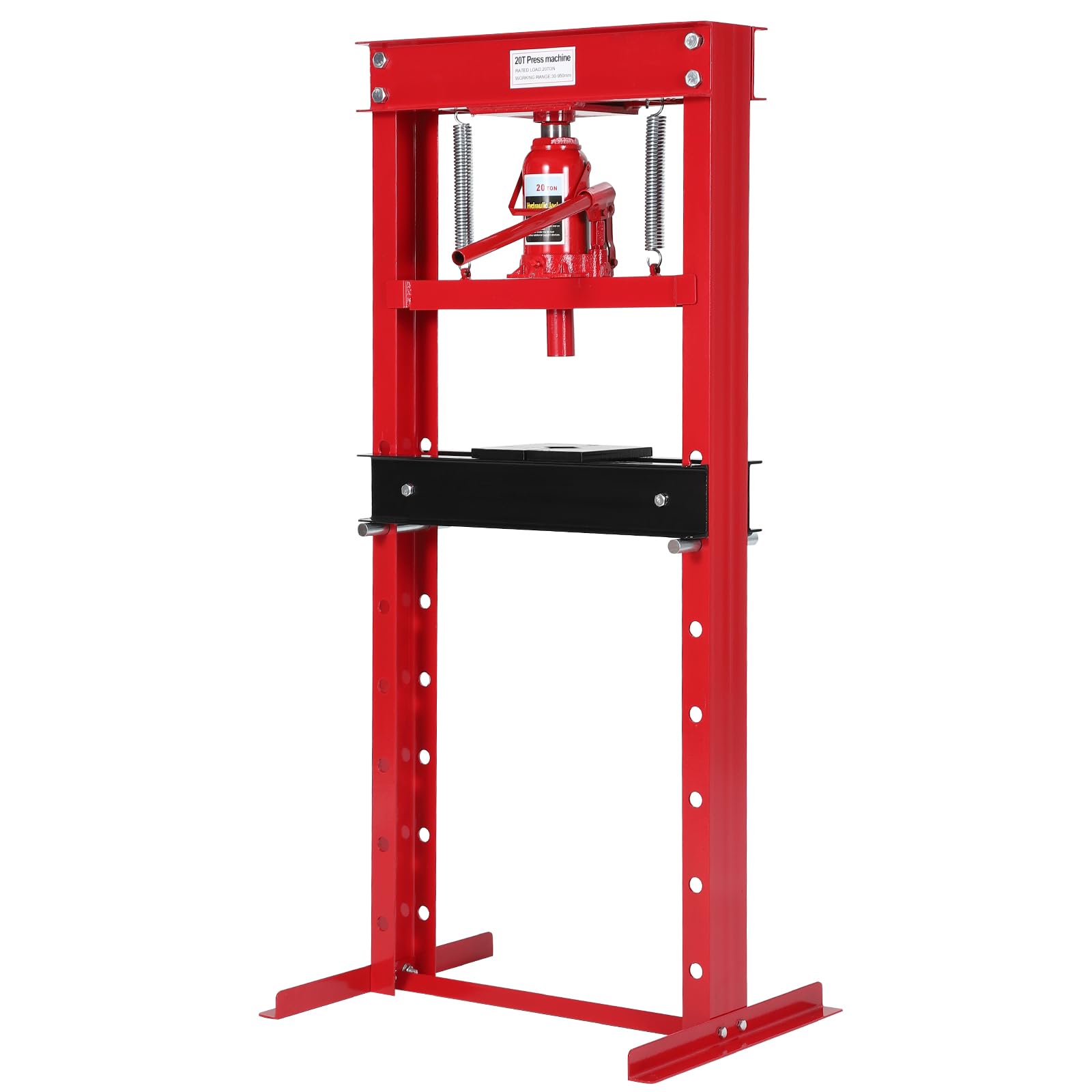 Photo 1 of 20 T Hydraulic Shop Press, H-Frame, 7-Hold Adjustable Height, with Movable Plates and Dust Cover, for Garage or Professional Users, Red