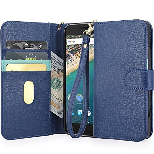 Nexus 5X Case, MP-Mall [Kickstand Function] [Card Slot] Premium PU Leather Folio Flip Wallet Case Cover With Wrist Strap For LG Google Nexus 5X (2015) (Blue)
