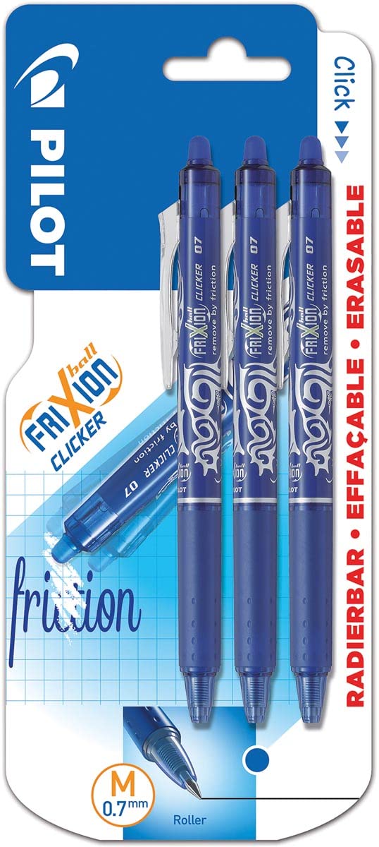 PILOT Clicker Retractable Erasable Rollerball, 0.7mm Tip- Blue, Pack of 3