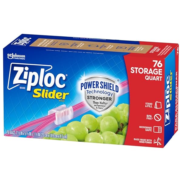 ZIPLOC QUART FOOD STORAGE SLIDER BAGS, POWER SHIELD TECHNOLOGY FOR MORE DURABILITY, 76 COUNT