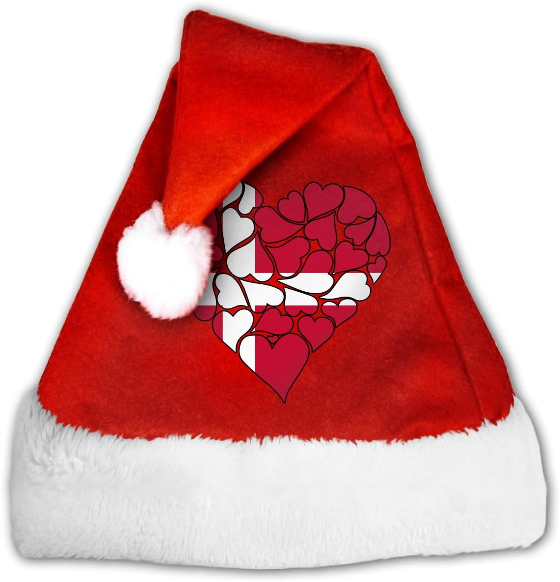 Denmark Flag Heart Love Christmas Hat, Red&White Xmas Santa Claus' Cap for Holiday Party Hat