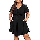 Manllenshie Women's Plus Size Dresses Casual Flowy Dress with Pocket Short Ruffle Sleeve V Neck Drawstring Bow Summer